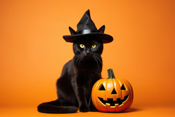 Black cat in a witch hat halloween background
