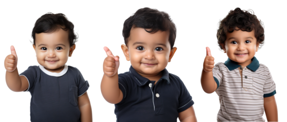 set of smiling, happy, Latin-American baby toddler kids in different poses - giving thumbs up, pointing up. on transparent background