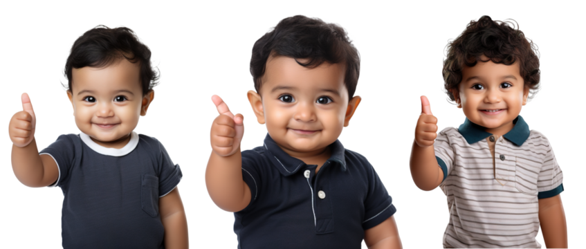 set of smiling, happy, Latin-American baby toddler kids in different poses - giving thumbs up, pointing up. on transparent background