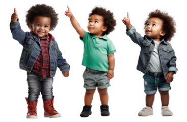 Set of fashionable portraits of a happy, cute Afro-American child toddler in different poses - pointing his finger up, showing something