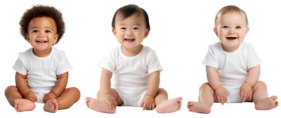set of smiling, happy, baby toddler kids of different ethnicities sitting . Multicultural concept on transparent background