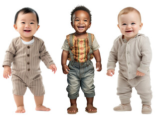 set of smiling, happy, baby toddler kids of different ethnicities standing . Multicultural concept on transparent background - obrazy, fototapety, plakaty