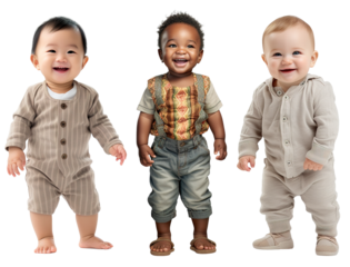 set of smiling, happy, baby toddler kids of different ethnicities standing . Multicultural concept on transparent background