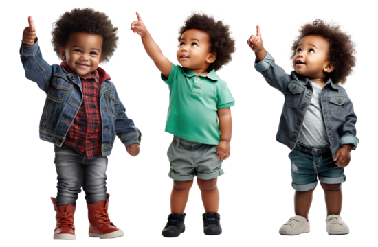 Set of fashionable portraits of a happy, cute Afro-American child toddler in different poses - pointing his finger up, showing something