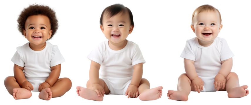 set of smiling, happy, baby toddler kids of different ethnicities sitting . Multicultural concept on transparent background