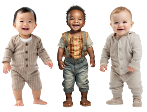 set of smiling, happy, baby toddler kids of different ethnicities standing . Multicultural concept on transparent background