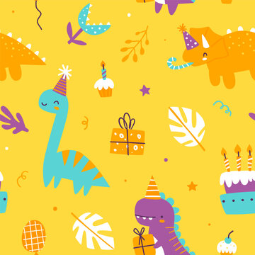 Bright dino birthday party pattern. Seamless yellow vector print with abstract dinosaurs party for wrapping paper.