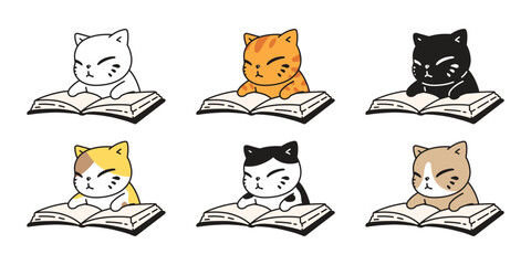 cat vector kitten icon reading book neko calico pet character cartoon doodle symbol tattoo stamp scarf illustration design isolated - obrazy, fototapety, plakaty