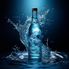 a bottled water surrounded by swirling energy in blue and white created by generative AI - obrazy, fototapety, plakaty