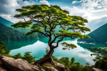 tree on the lake surrounding mountains GENERATIVE AI