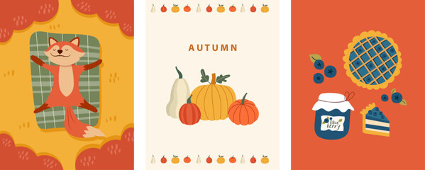 Fototapeta premium Autumn banner, Three set of vector illustrations with fox in the wild, pumpkin, blueberry pie and jam. Hand drawings for a poster, banner and card