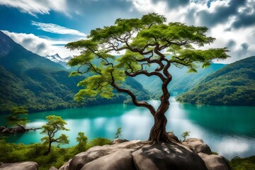 tree on the lake surrounding mountains GENERATIVE AI