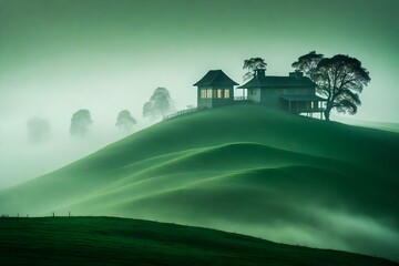 Naklejka na ściany i meble misty morning with mysterious house in the fog GENERATIVE AI