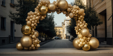 Arch of golden balloons and flowers decoration on the city street. Luxury. Grand Opening, solemn event concept. Holidays event, wedding ceremony,birthday celebration, anniversary, party.Generative ai