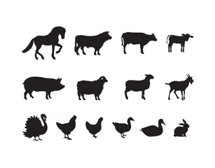 
vector illustration. collection of black and white pet silhouettes icons. livestock set. farm. animals. symbol or sign.