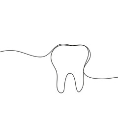 Tooth vector icon drawn with one continuous single line. Human tooth with roots in sketch style.