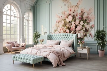 A bedroom with a large bed and pink flowers on the wall. AI