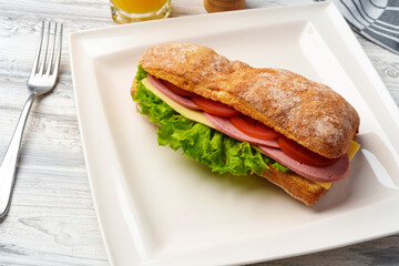 Sandwich with ham, cheese and vegetables on white plate on table