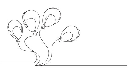 Single continuous one line art birthday celebration balloon. Holiday kids decoration helium flying air ball bubble.Concept design sketch outline drawing vector illustration