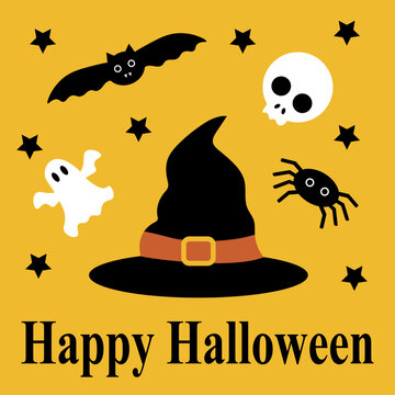 Happy Halloween, card with a hat, vector. Witch hat, ghost and skull, bat and spider, Happy Halloween lettering on yellow background.