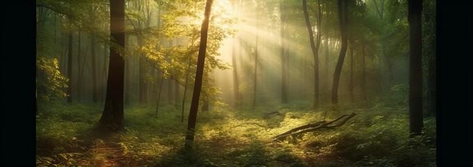 Panorama of the forest with sunbeams