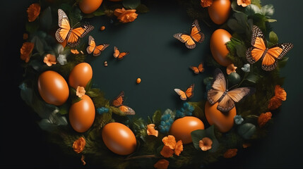 Obraz na płótnie Canvas Blank space in the middle surrounded by orange easter dark green color background butterfly, AI Generated.