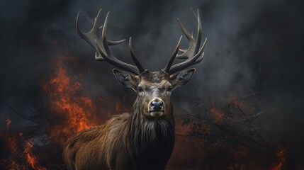 Deer in the burning forest