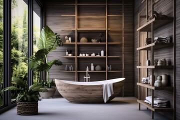 A bathroom with a large tub and shelves of plants. AI