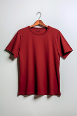 Plain dark red mockup on neutral background. Crowneck tshirt for your design, front view. Generative AI.