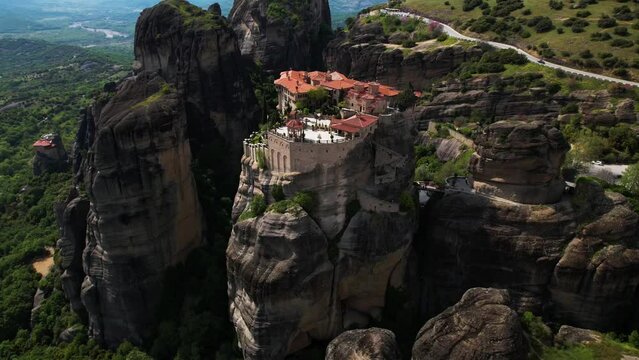 Aerial view of Iera Moni Barlaam Monastery in Meteora, Trikala, Thessaly, Greece.