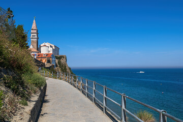 Fototapeta na wymiar Piran Promenade On The Adriatic Sea In Slovenia
