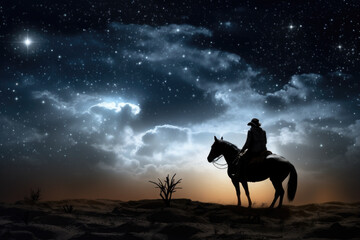 A man riding on the back of a horse under a night sky. Generative AI.