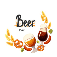 Beer day.Background with beer, sausages, hops, pretzel .Vector illustration for the International Beer Day, Oktoberfest.