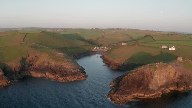 Aerial view of Lundy Bay at sunset, Port Quin, Cornwall, United Kingdom.