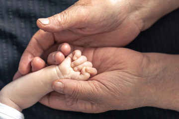 The handle of a newborn in the hands of a grandmother, close-up.