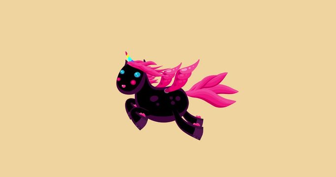 Cartoon isolated black unicorn flying character isolated. Sweet fantastic pet animal. Good for any movie, presentation, etc... Funny sweet and cute children animation seamless loop.
