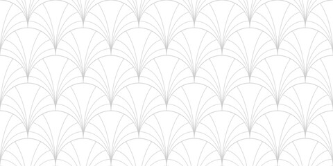 Art deco seamless pattern. Subtle vector geometric linear texture with curved lines, fish scale ornament, peacock pattern, grid. Elegant gray and white abstract background. Luxury repeat geo design