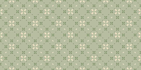 Green floral seamless texture. Vintage geometric pattern with small flowers, petals, leaves, rhombuses, grid. Simple vector abstract background in green and beige color. Elegant repeat geo design