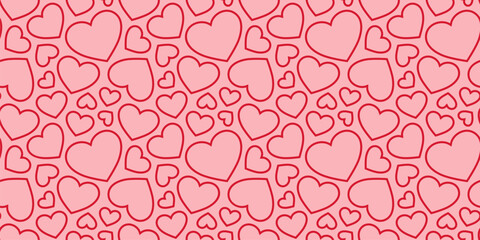 Vector hearts seamless pattern. Cute minimal valentines day background. Love romantic theme. Abstract texture with small outline red hearts on pink backdrop. Repeat design for wrapping, print, decor