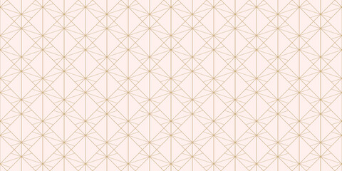 Golden lines pattern. Vector geometric seamless ornament with delicate grid, thin lines, diamonds, lattice. Abstract gold and pink graphic background. Art deco texture. Subtle minimalist geo design