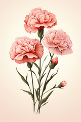 A bunch of pink carnations on a white background. Generative AI.