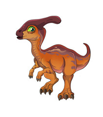 Dinosaur parasaurolophus cartoon illustration isolated on white background. Dino baby hand drawing
