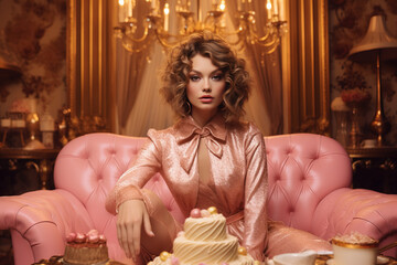 woman sitting on a couch with a cake made with generative AI