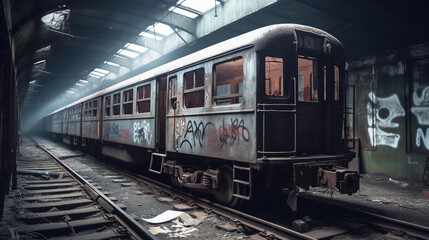 Fototapeta na wymiar abandoned vandalised train in a tunnel urban exploration