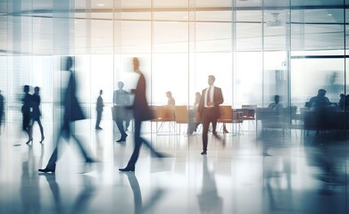 Blurred business people in white glass office. Generative AI.