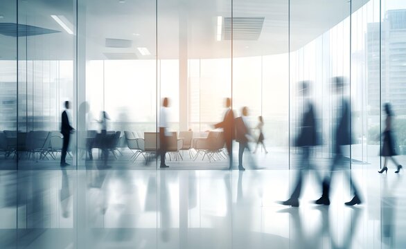 Blurred business people in white glass office. Generative AI.