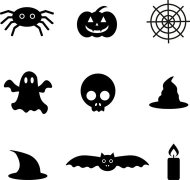 Halloween set, vector silhouettes. Black silhouettes, icons. Halloween pumpkin, spider and bat, skull and candle, witch hats, ghost and cobweb.