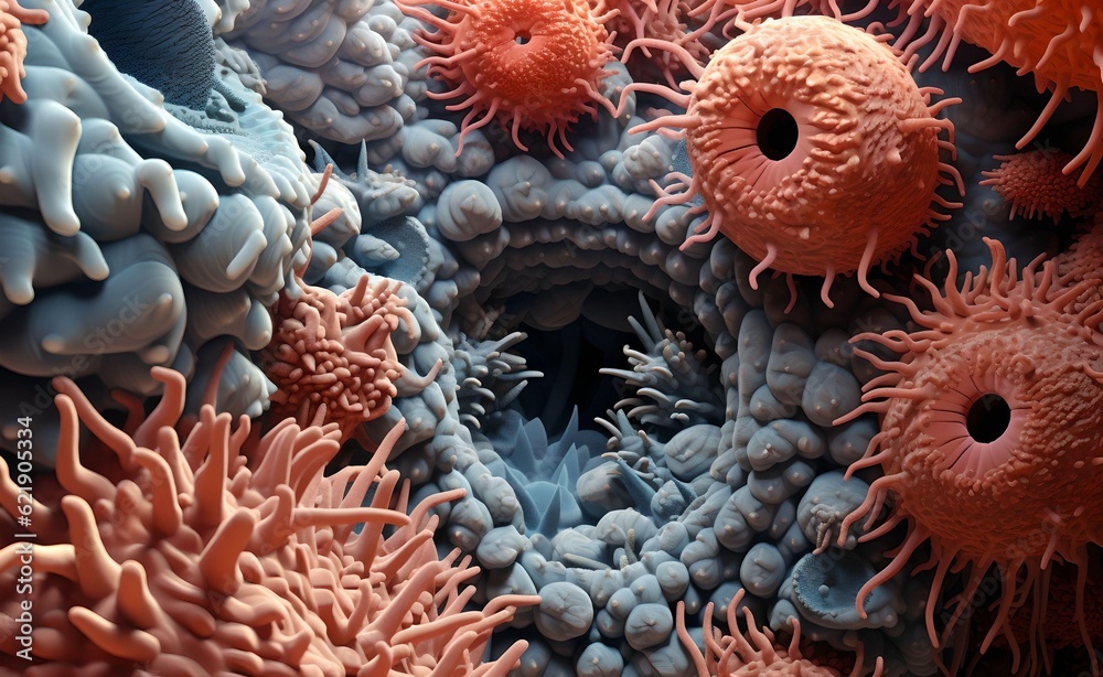 Wall mural vibrant colors and patterns of bacteria and virus cells. captivating macro close-up. intricate struc