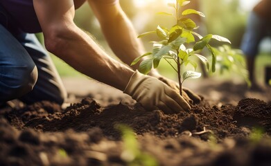 Man plant trees in soil with gloves on the ground on sunny day. Generative AI.