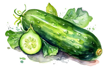 Generative ai illustration water color of cucumbers, on transparent background with png file.